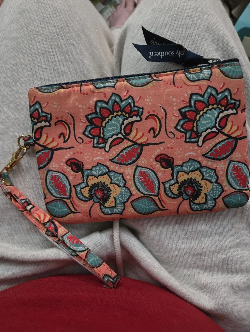 Simply Southern Coral Floral Wristlet with Teal & Navy Accents